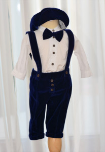 Costum de botez cu pantalon din catifea albastru electric, 4 piese