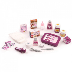Set cadita si accesorii pentru papusi Smoby Baby Nurse Nursery mov