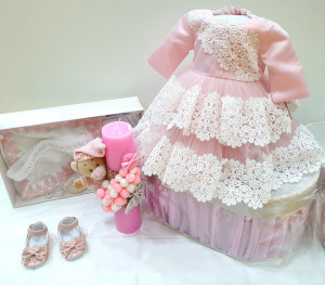 Set trusou botez de fetita cu dantela ivoire, rochita pe roz
