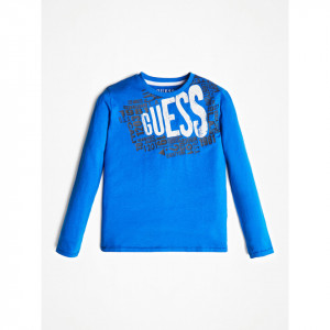 Tricou cu mânecă lungă, alb și albastru cerneală, din bumbac, Guess