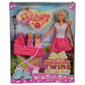 Papusa Simba Steffi Love Sunshine Twins 29 cm roz cu carucior si accesorii