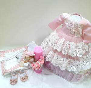 Set trusou botez de fetita cu dantela ivoire, rochita pe roz