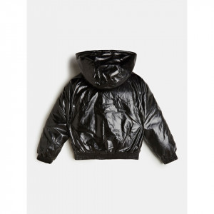 Geaca groasa Guess cu scris pe maneca rosie si neagra