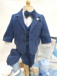 Costum de botez pentru baietei bebelusi albastru cu dungi