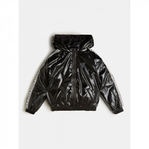 Geaca groasa Guess cu scris pe maneca rosie si neagra