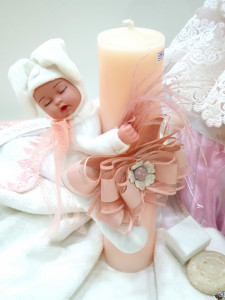 Set trusou botez de fetita cu dantela ivoire, rochita pe roz