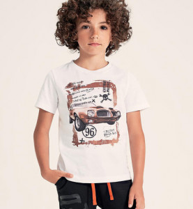 Tricou alb cu masina pe fata din bumbac Ido
