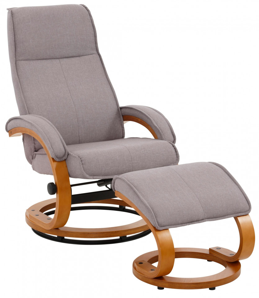 Fotoliu recliner Paris cu taburet otoman, tesatura/lemn, gri deschis/maro, 67 x 48 x 107 cm