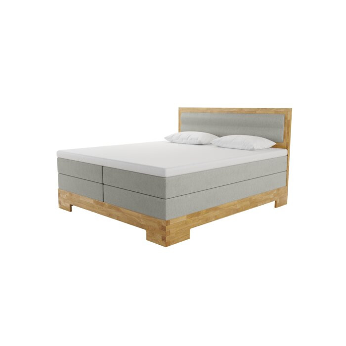 Pat boxspring Aaron, cu topper, gri/maro, 160 x 210 cm