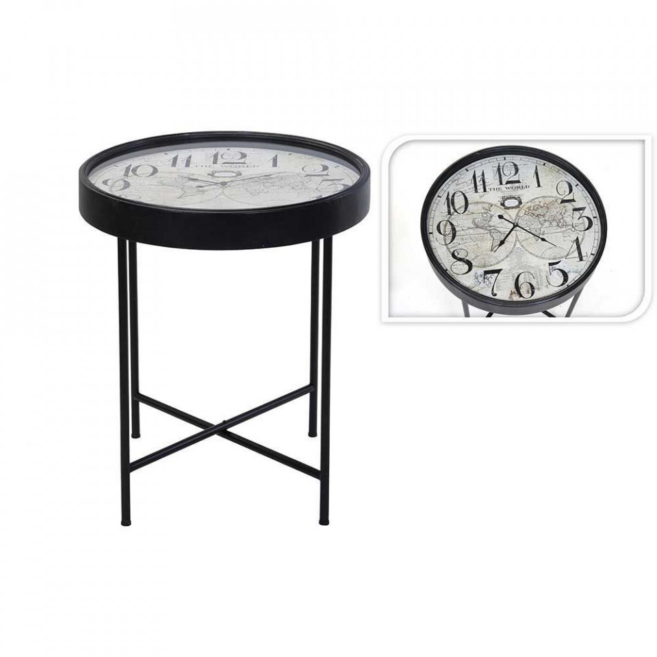 Masuta de cafea cu ceas si harta rotunda, metal/sticla, negru, diametru 63 cm