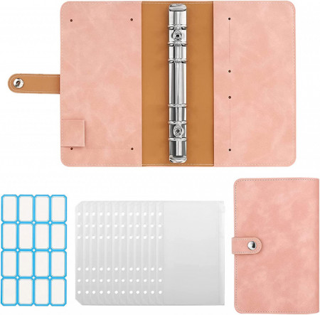 Planificator cu 12 dosare si etichete autocolante HBYMYDA, piele PU/PVC/metal, roz, 19,2 x 13 x 3 cm