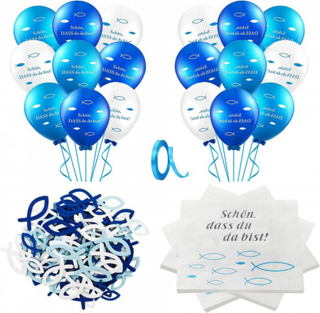 Set aniversar KOHMUI, latex/hartie/lemn, alb/albastru, 84 piese