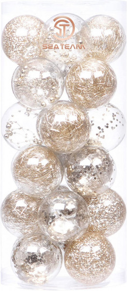 Set de 24 globuri de Craciun Sea Team, transparent/auriu, plastic, 7 cm