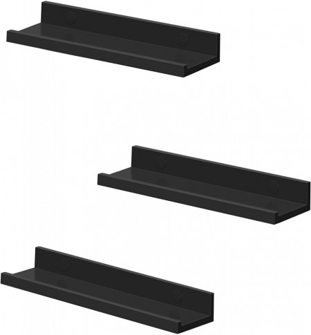 Set de 3 rafturi de perete SONGMICS, lemn, negru, 38 x 10 cm