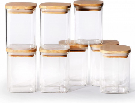 Set de 8 borcane pentru condimente Molis®, sticla/bambus, transparent /natur, 8,5 x 6,5 cm