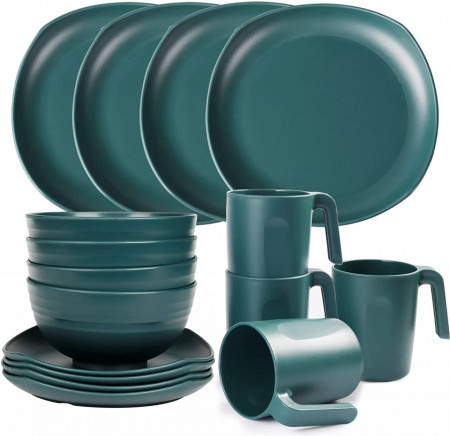 Set de vesela Greentainer, plastic, verde inchis, 16 piese