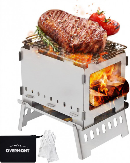 Soba pe lemne pentru camping OVERMONT, otel inoxidabil, argintiu, 19 x 25,5 cm