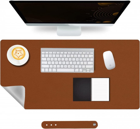 Covoras de birou multifunctional cu doua fete Goldmiky, piele sintetica, maro/gri, 80 x40 cm