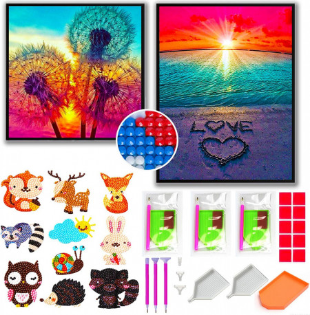 Set de 2 picturi cu diamant 5D si un set de animalute SPROUTER, panza/rasina, multicolor, 30 x 40 cm