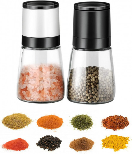 Set de 2 rasnite sare/piper Esoes, sticla/plastic, transparent/negru, 12,8 x 6,2 x 4,6 cm