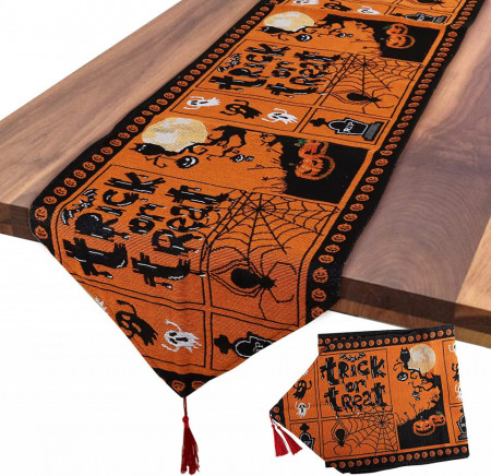 Fata de masa pentru Halloween Yisscen, poliester, maro/negru, 176,5 x 34,5 cm