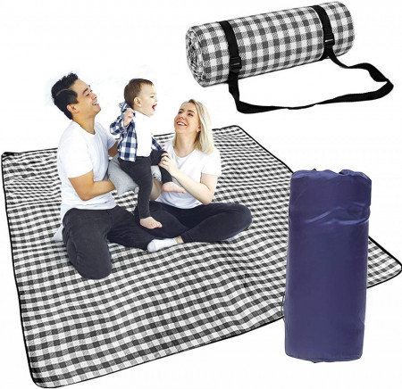 Patura de picnic cu sac de depozitare Gxhong, negru/alb, acrilic/PEVA, 200 x 150 cm