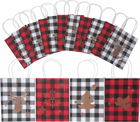 Set de 12 pungi pentru cadouri EKKONG, hartie, rosu/negru/alb, 21 x 16 x 8 cm