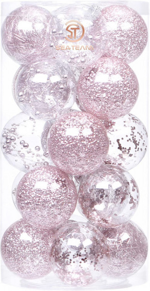 Set de 20 globuri de Craciun Sea Team, plastic, transparent /roz, 8 cm