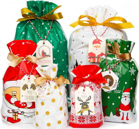 Set de 30 pungi pentru cadouri de Craciun, multicolor, polietilena
