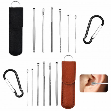 Set de accesorii pentru curatarea urechilor TUAHOUS, otel inoxidabil/piele PU, negru/argintiu/maro, 16 piese