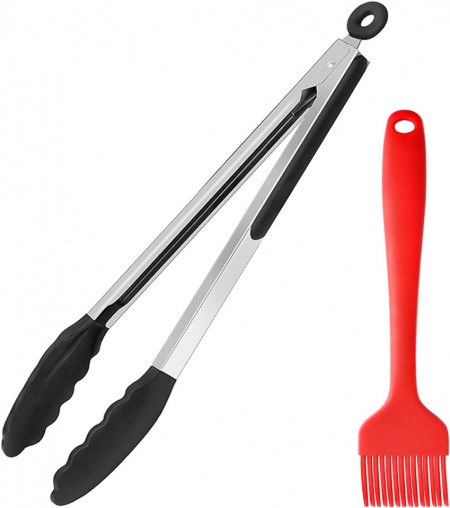 Set de cleste si pensula pentru gratar, rosu/negru/argintiu, silicon/otel inoxidabil, 34 x 16,5 cm / 20 x 3,3 cm