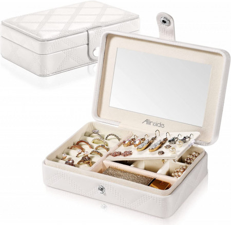 Cutie de bijuterii cu oglinda Allinside, alb, piele artificiala, 16,5 x 11,5 x 5,5 cm