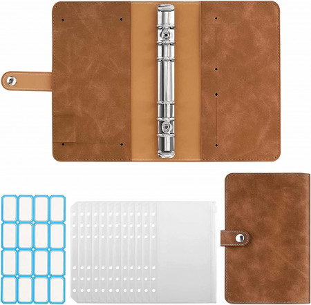 Planificator cu 12 dosare si etichete autocolante HBYMYDA, piele PU/PVC/metal, maro, 19,2 x 13 x 3 cm
