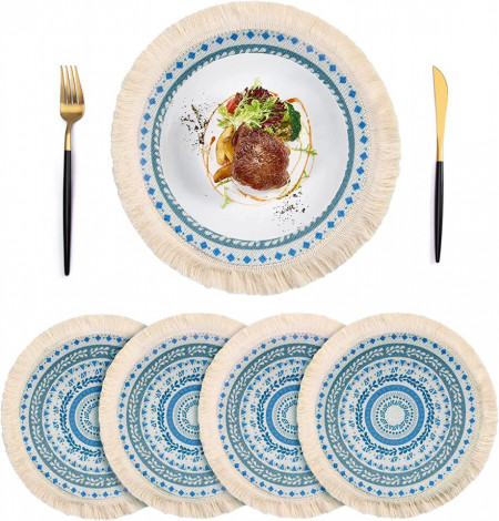 Set 4 naproane pentru farfurii VINILITE , bumbac/poliester, alb/albastru, lavabil, 33cm