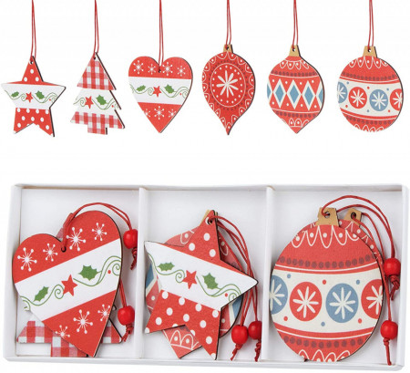 Set de 12 ornamente pentru brad Agoer, lemn, multicolor, 8-9 cm