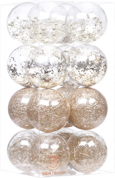 Set de 16 globuri de Craciun Sea Team, plastic, transparent/auriu/argintiu, 10 cm