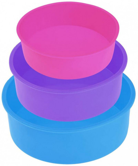 Set de 3 matrite pentru tort Rafow, silicon, roz/albastru/violet, 24/20/17 cm