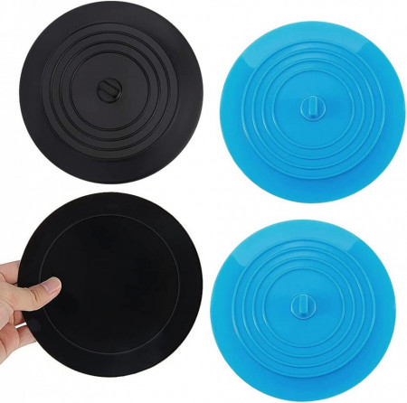 Set de 4 capace pentru scurgere chiuveta QSXX, silicon, negru/albastru, 15 x 15 cm