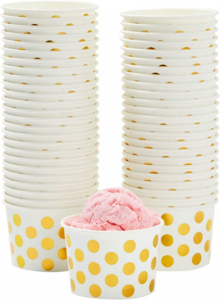 Set de 50 cupe pentru inghetata BLUE PANDA, hartie, alb/auriu, 8,9 x 5,6 cm , 237 ml
