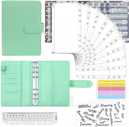 Planificator de buget cu plicuri si etichete Iycorish, PVC/hartie/plastic, verde, 18,7 x 13 cm