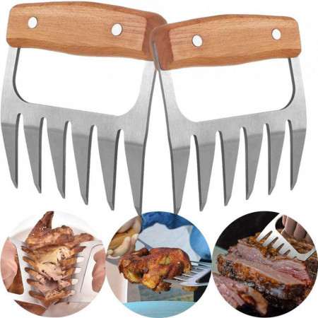 Set de 2 gheare pentru carne/legume KAVAVO, lemn/otel inoxidabil, argintiu/maro, 10,6 x 11,7 cm