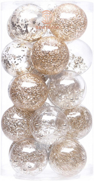 Set de 20 globuri de Craciun Sea Team, plastic, transparent/sampanie, 8 cm