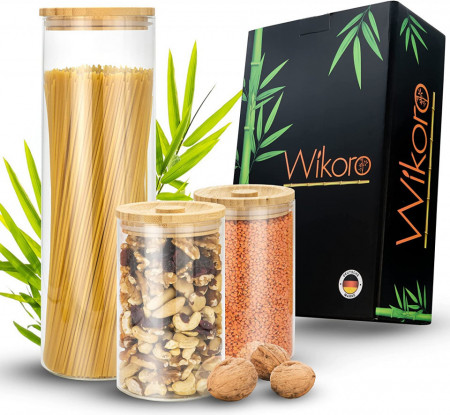 Set de 3 recipiente pentru alimente Wikoro, sticla/bambus, transparent/natur