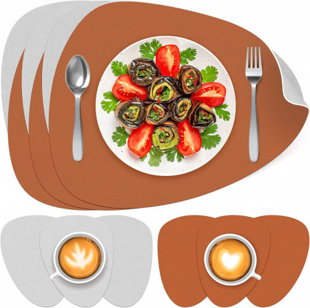Set de 6 naproane si 6 coastere K KUMEED, piele artificiala, gri/brun, 31 x 40 cm / 13 cm