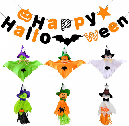 Set de banner cu 6 decoratiuni de Halloween Qpout, multicollor, hartie, 11 x 10 cm / 14 x 33 cm