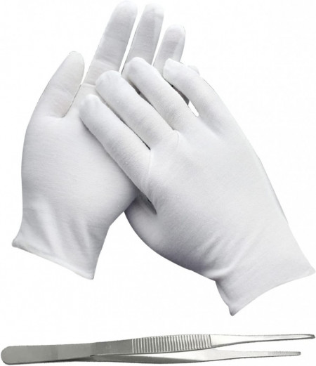 Set de manusi si o penseta HEIGOO, textil/otel inoxidabil, alb/argintiu