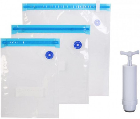 Set de pompa cu 4 pungi de vidat pentru alimente COOK CONCEPT, plastic, alb/albastru/transparent, 34 x 30 x 0,3 cm