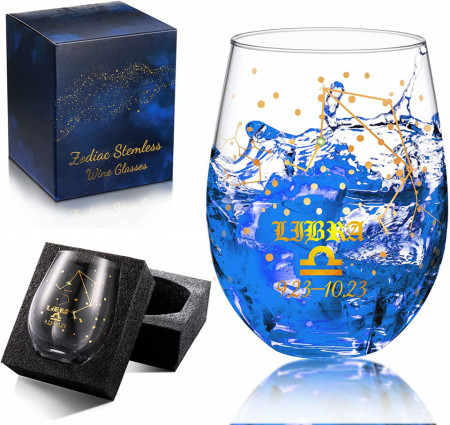 Pahar pentru vin cu inscriptie zodia balanta Nuenen, sticla, transparent /auriu, 12 x 7,3 cm