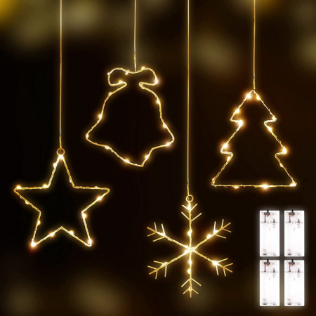 Set de 4 decoratiuni pentru brad SALCAR, LED, alb cald, metal