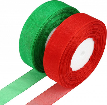 Set de 2 role de panglica Kesote, textil, rosu/verde, 25 m x 2,5 cm